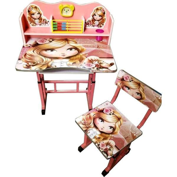 Set birou si scaunel cu numaratoare si ceas, roz, desen fetita, reglabile pe inaltime