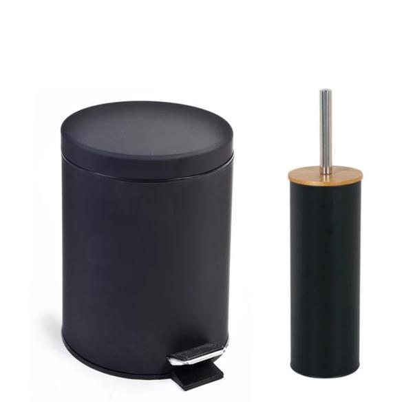 Set 2 accesorii pentru baie format din cos de gunoi si perie Wc cu suport, Metal, Negru