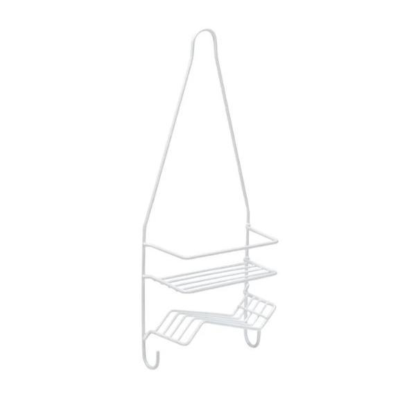 Etajera pentru dus cu 2 rafturi si 2 carlige pentru burete , metal,alb, 17x8x45 cm