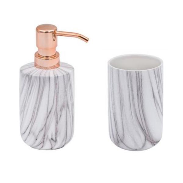Set 2 accesorii stative pentru baie, dozator sapun si periute dinti, ceramica