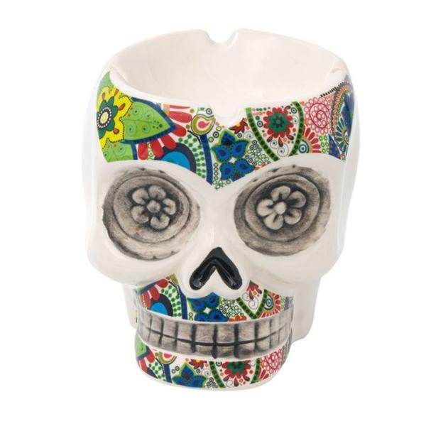Decoratiune pentru petrecere de Halloween, scrumiera cap de mort, ceramica, multicolor, 13x13x13 cm