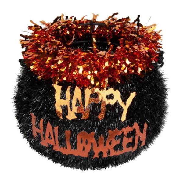Decoratiune suspendabila pentru petrecere de Halloween, ceaun din metal impodobit cu beteala si cu mesaj, negru cu auriu, 24 cm