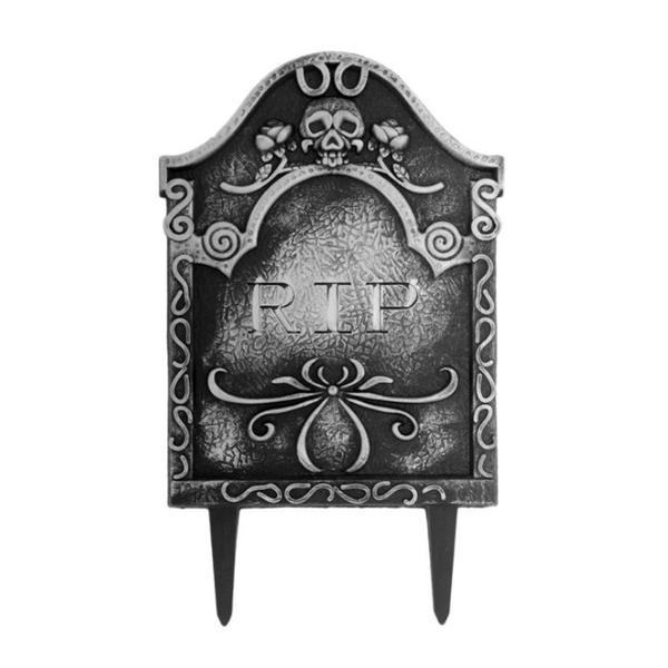 Piatra funerara din plastic, pentru decor Halloween Party, cu mesaje si ornamente tematice, 30 x 20, negru cu argintiu, Topi Toy