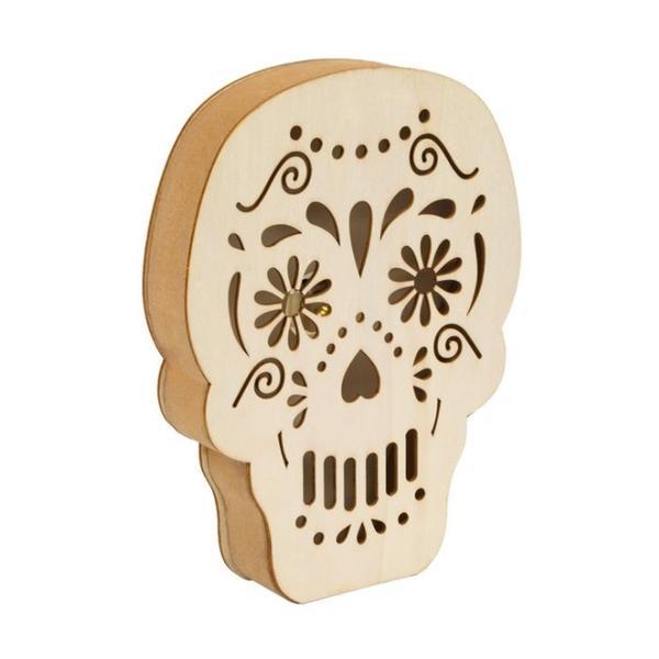 Decoratiune din lemn, schelet craniu cu lumina, pentru petrecere de Halloween, 15 cm, Topi Toy