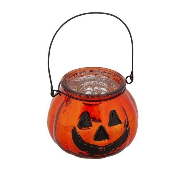 Decoratiune suspendabila tip felinar pentru petrecere de Halloween, dovleac din sticla, 9 cm, portocaliu cu negru, Topi Toy