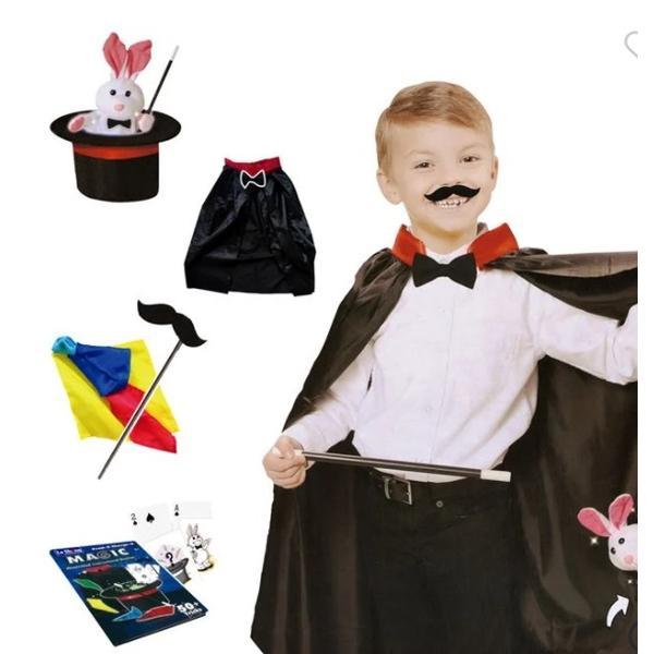 Costum de magician pentru copii, cu accesorii, instructiuni si trucuri de iluzionism, 3 ani +, negru, Topi Toy