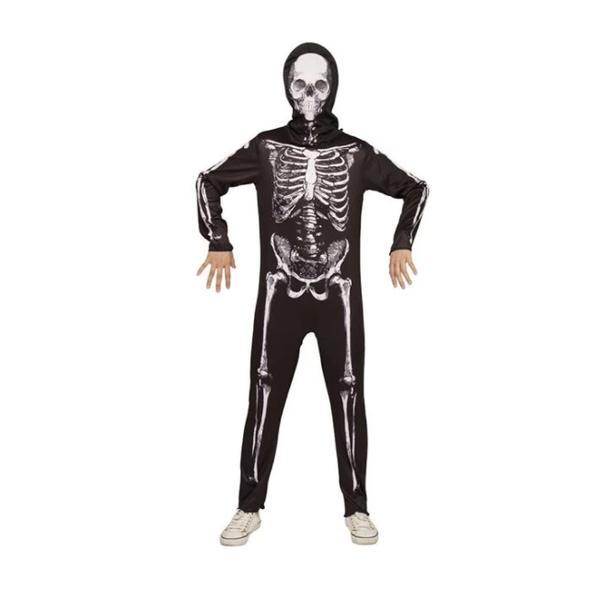 Costum intreg pentru deghizare baieti in Schelet uman infricosator, la bal mascat, serbare sau petrecere Halloween, 8 ani, negru cu alb