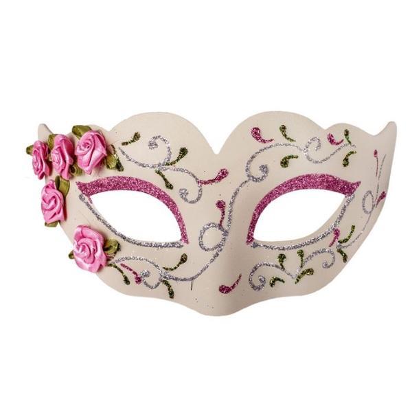 Masca fantezista decorata cu sclipici si cu flori roz, accesorii pentru costumatie de Carnaval, Halloween sau Bal mascat, marime universala, multicolor, Topi Dreams