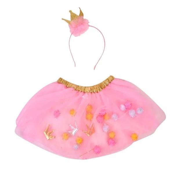Set costum printesa, fustita roz din tul si bentita cu coroana aurie, pentru aniversare, bal mascat sau serbare, 22 cm, 3 ani +, 2 piese