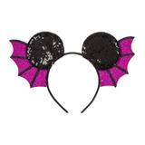 Bentita decorata cu aripi si urechi de liliac si fundita, pentru costumatie de Halloween, negru cu roz, Topi Dreams