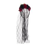 Bentita decorata cu plasa lunga peste fata si cu flori negre si rosii, pentru costumatie de Halloween, negru cu rosu, Topi Dreams
