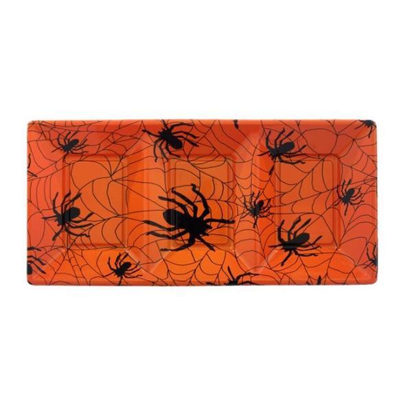 Platou portocaliu de unica folosinta, decorat cu paianjeni negri, pentru petrecere Halloween, 38x18 cm, Topi Toy