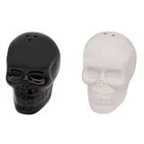 Set 2 recipiente pentru sare si piper, solnita si pipernita design craniu 3D, pentru petrecere horror Halloween, 60 ml, alb cu negru