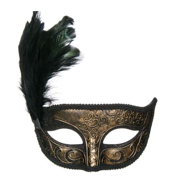 Masca fantezista decorata lateral cu pene, accesorii pentru costumatie de Carnaval, Halloween sau Bal mascat, marime universala, bronz cu negru, Topi Dreams