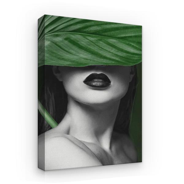 Tablou Canvas Arta Moderna - Femeie ascunsa sub Frunza Mare Tropicala, 80 x 50 cm