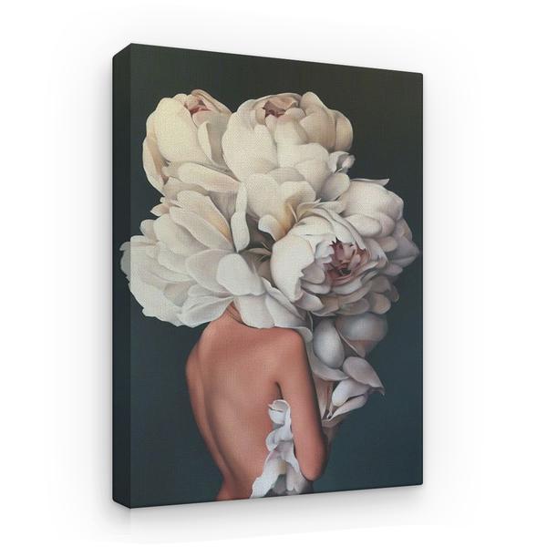 Tablou canvas arta moderna - femeie cu fata de flori, buchet bogat de bujori albi, 60 x 40 cm