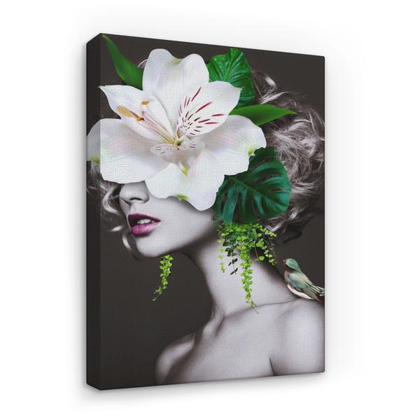 Tablou canvas arta moderna - femeie cu fata de flori, crin alb, 60 x 40 cm