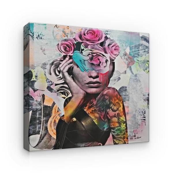 Tablou canvas arta moderna - colaj graffiti femeie cu fata de flori, 40 x 40 cm