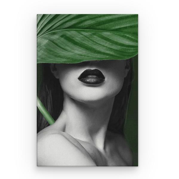 Tablou canvas arta moderna - femeie ascunsa sub frunza mare tropicala, 60 x 40 cm