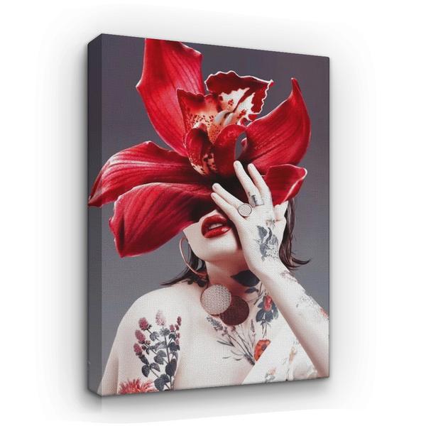 Tablou canvas arta moderna - femeie cu fata de flori, crin rosu, 80 x 50 cm