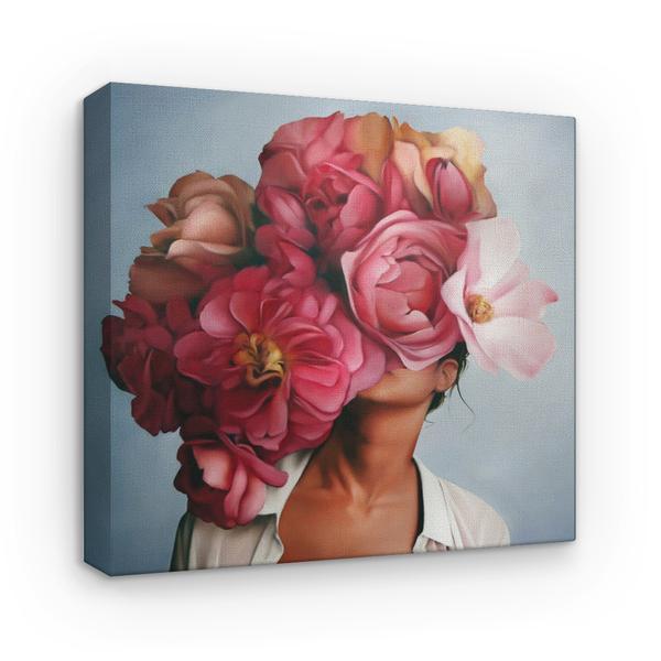 Tablou canvas arta moderna - femeie cu fata de flori, buchet bogat de bujori roz, 50 x 50 cm