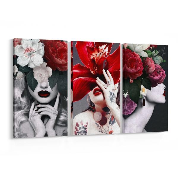 Set tablouri canvas 3 piese, femei cu fata de flori ii, 135 x 70 cm