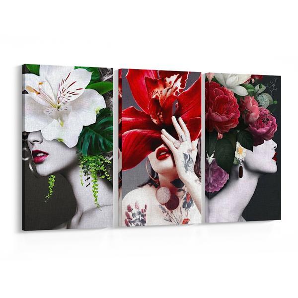 Set tablouri canvas 3 piese, femei cu fata de flori iii, 150 x 80 cm