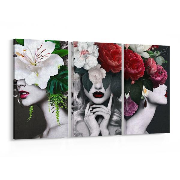 Set tablouri canvas 3 piese, femei cu fata de flori i, 135 x 70 cm