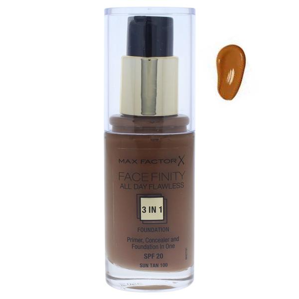 Fond de Ten 3 in 1- Max Factor Face Finity All Day Flawless 3 in 1 Foundation SPF 20, nuanta 100 Sun Tan, 30 ml