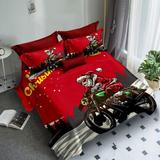 Lenjerie de pat 3D, finet, 6 piese, pentru pat 2 persoane, imprimeu Mos Craciun pe motocicleta