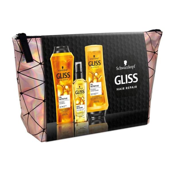 Set cadou gliss oil nutritive pentru par deteriorat - sampon 250 ml + balsam 200 ml + ulei tratament elixir 75 ml