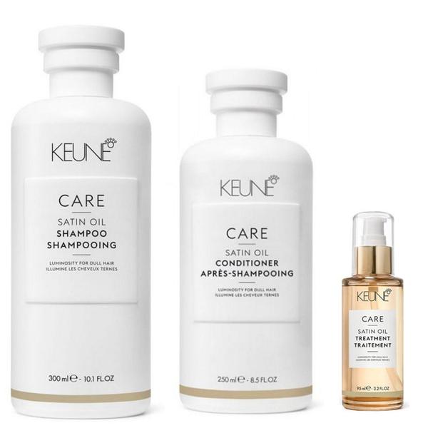 Pachet pentru Stralucire - Keune Care Satin Oil: Sampon 300 ml, Balsam 250 ml, Ulei 95 ml