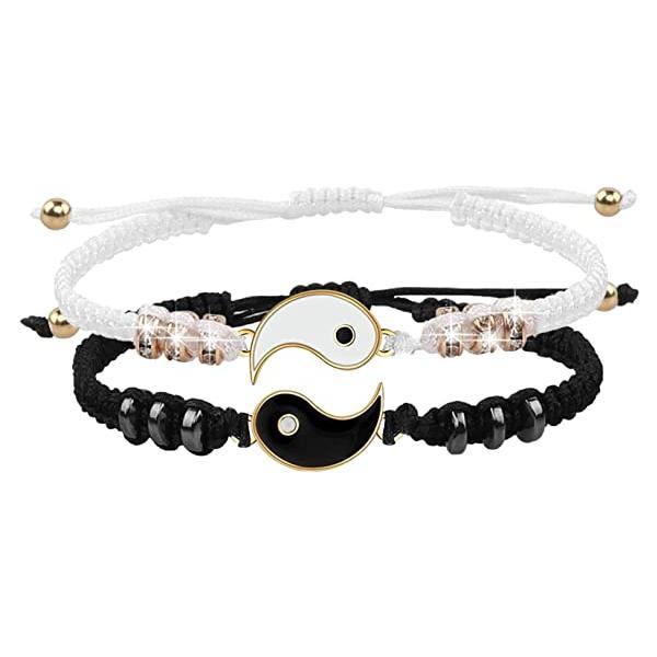 Set 2 bratari reglabile yin yang negru, alb si auriu