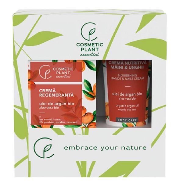 Set Cadou Essential Regenerant Cosmetic Plant - Crema Regeneranta de Zi cu Ulei de Argan si Aloe Vera, 100 ml + Crema Nutritiva pentru Maini si Unghii cu Ulei de Argan si Aloe Vera, 100 ml