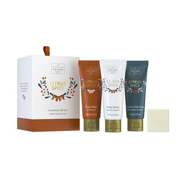 Set cadou Citrus Spice Luxurious Gift Set cu Gel de corp 75 ml, Unt de corp 75 ml, Cremă pentru mâini și unghii 75 ml, Săpun de lux 40g