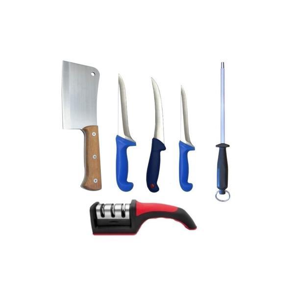 Pachet complet macelarie 6 piese format din 3 cutite profesionale, injunghiat, dezosat, filetat, satar, masat si dispozitiv ascutit pe 3 nivele de intensitate 