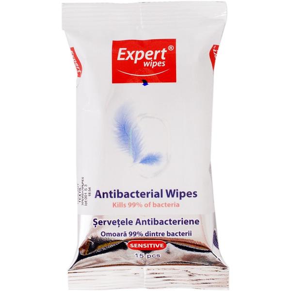 Servetele umede antibacteriene sensitive expert wipes, 15 buc