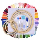 Kit profesional de broderie Universal, 50 fire colorate, 5 cercuri bambus, 30 ace + alte accesorii 