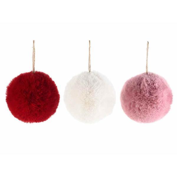 Set 3 ornamente brad din textil pufos alb rosu roz diametru decorer 10 cm