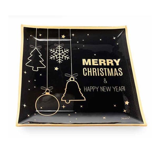 Platou craciun din sticla aurie neagra decorer 25x25 cm