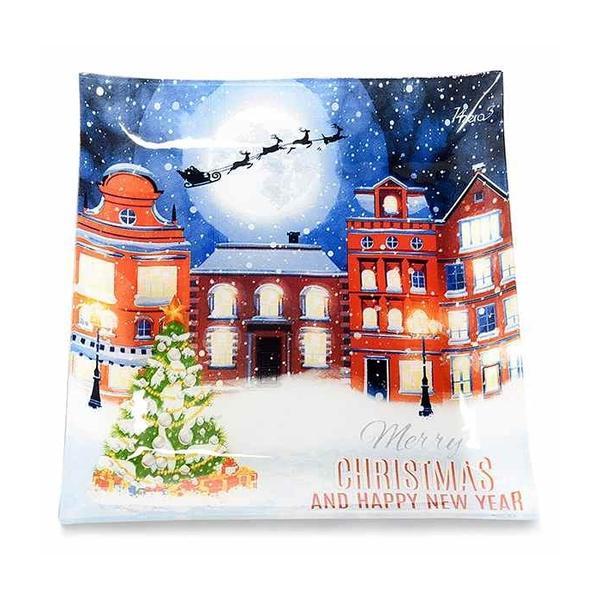 Platou din sticla model peisaj de iarna decorer 25x25 cm