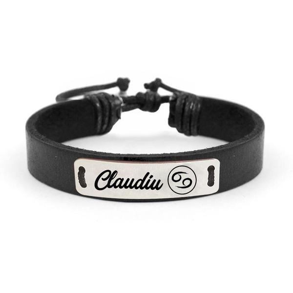 Bratara din piele cu tablita din argint 925 personalizata cu nume - zodia rac