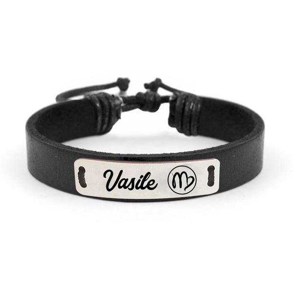 Bratara din piele cu tablita din argint 925 personalizata cu nume - zodia fecioara