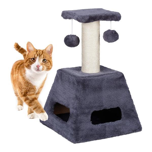 Stalp de zgariat pentru pisici cu trunchi de sisal si jucarii, turn mic, gri, 27 x 27 x 42 cm