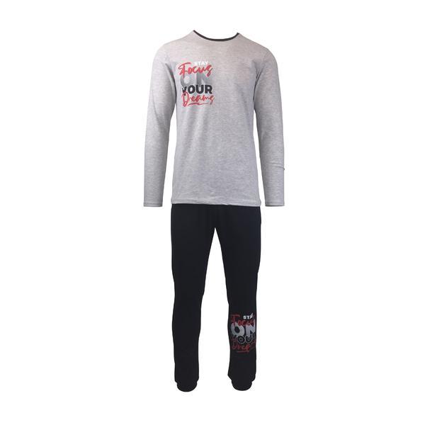 Pijama pentru barbat, univers fashion, bluza gri deschis cu imprimeu pe piept, pantaloni lungi bleumarin, xl