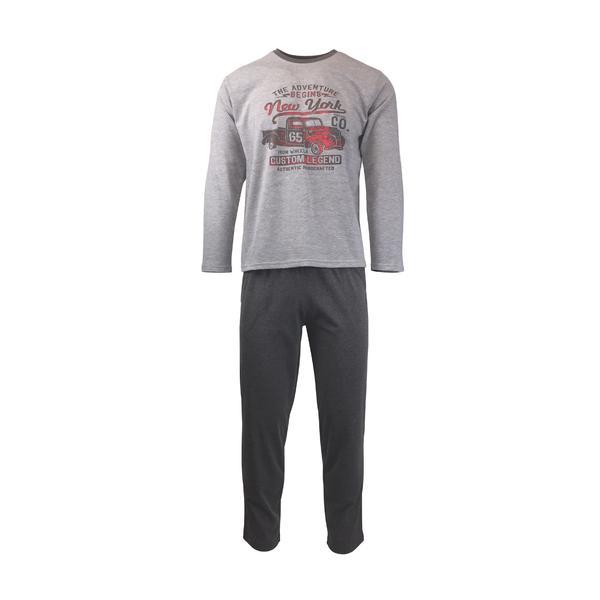 Pijama pentru barbat, univers fashion, bluza gri deschis cu imprimeu pe piept, pantaloni lungi antracit, xl