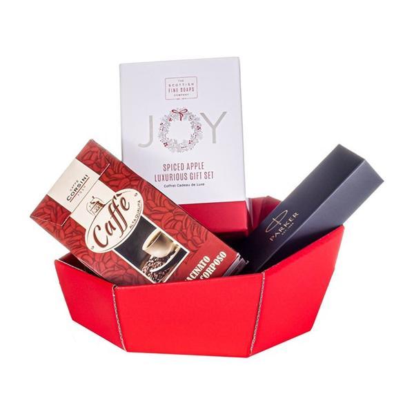 Set cadou Colored Joy Scottish, un set cosmetice JOY by Scottish Fine Soaps de 265 ml, un pix Parker Royal, o Cafea Corsini măcinată 125 g si un coș hexagonal cartonat 125 imagine 2022