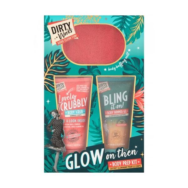 Set Cadou Best In Glow – Body Prep Kit, Bling it On – Gel lotiune stralucitoare 150ml + Exfoliant 150ml + un Burete Dirty Works