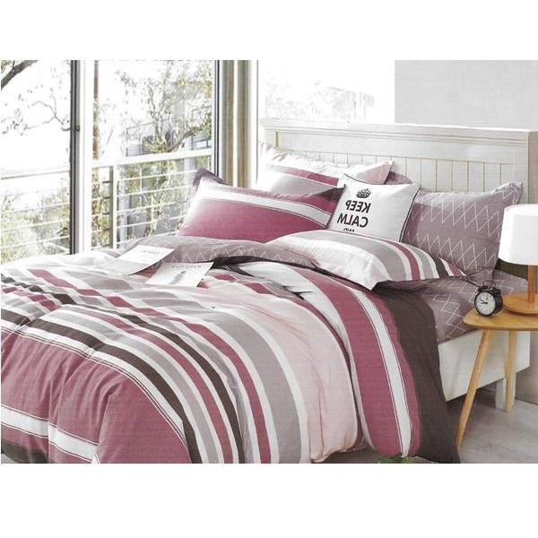 Lenjerie pat dublu din bumbac Tinco Boutique, dimensiuni 230x250cm, cu dungi albe, roz pal, gri perla si antracit