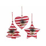Set 3 ornamente brad din textil alb rosu 13x13 cm